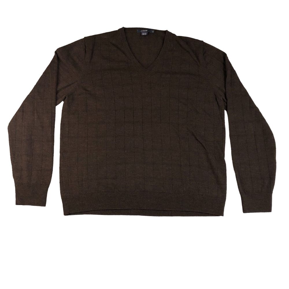 J.Crew Sweater Men Extra Large Brown 100% Wool V-Neck Pullover Preppy Sweatshirt